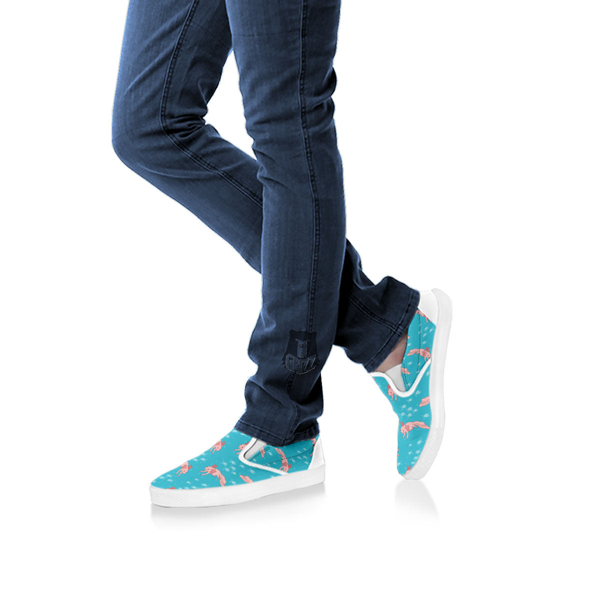Pink Axolotl Teal Print Pattern White Slip On Shoes-grizzshop