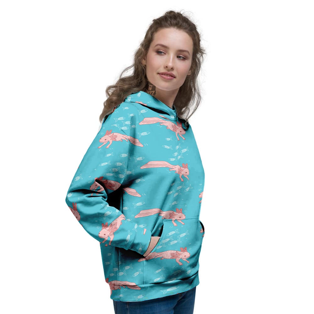 Pink Axolotl Teal Print Pattern Women's Hoodie-grizzshop