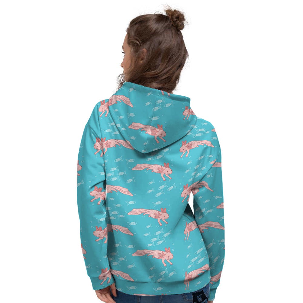 Pink Axolotl Teal Print Pattern Women's Hoodie-grizzshop