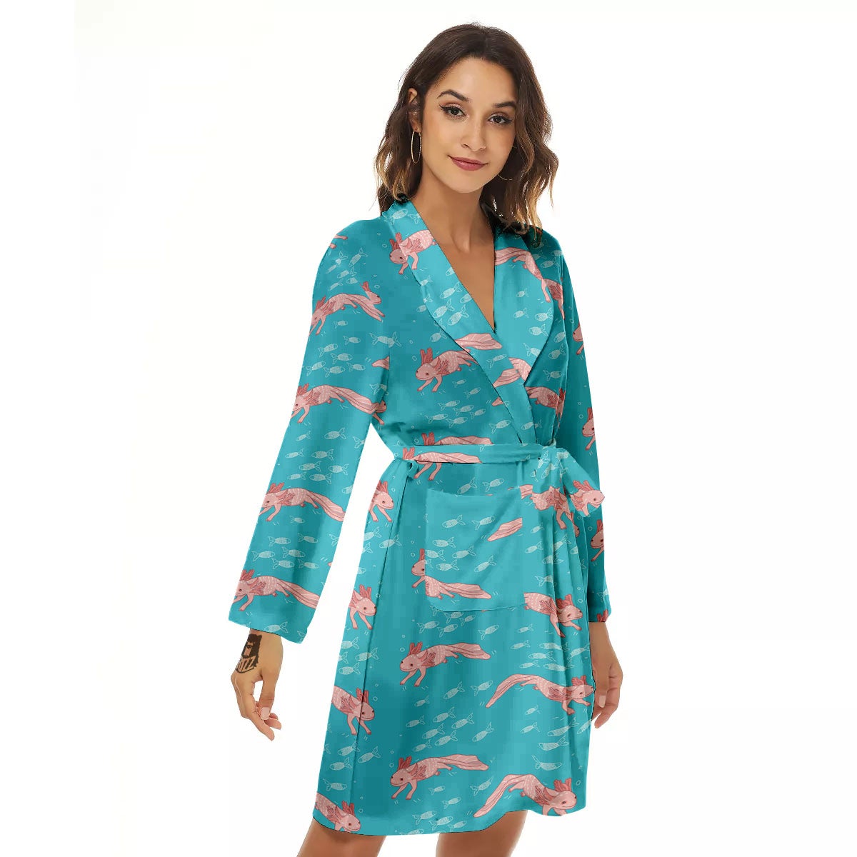 Pink Axolotl Teal Print Pattern Women's Robe-grizzshop