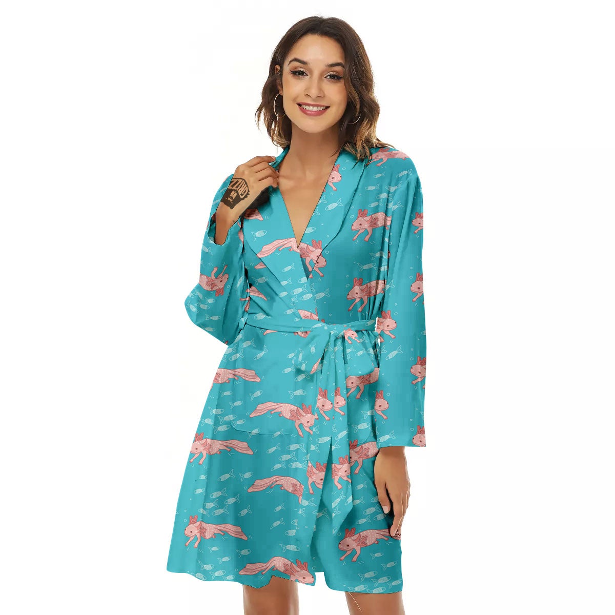 Pink Axolotl Teal Print Pattern Women's Robe-grizzshop