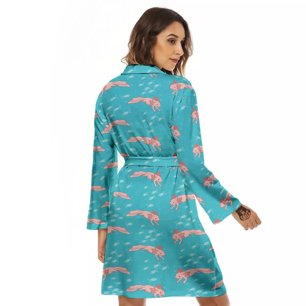 Pink Axolotl Teal Print Pattern Women's Robe-grizzshop