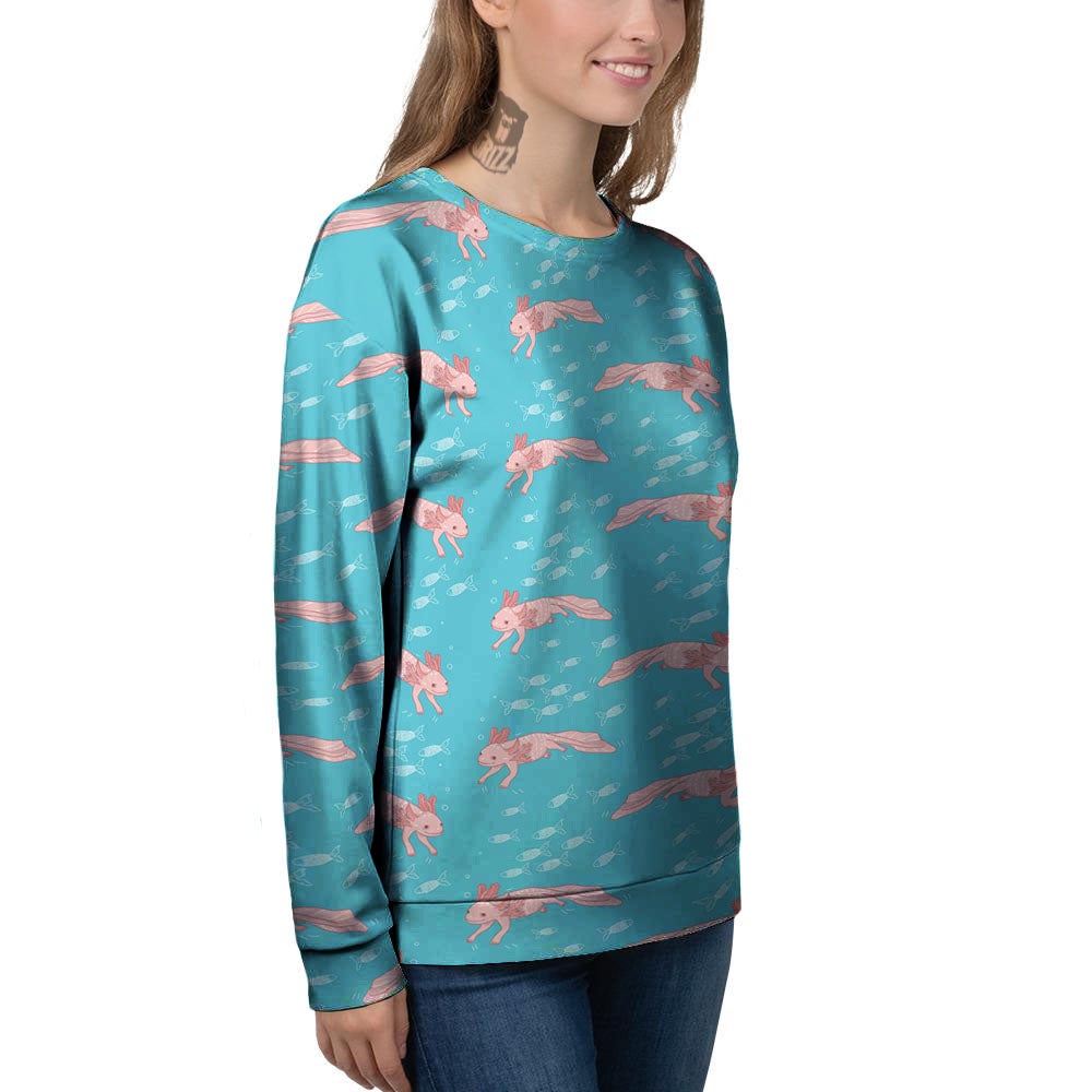 Pink Axolotl Teal Print Pattern Women's Sweatshirt-grizzshop