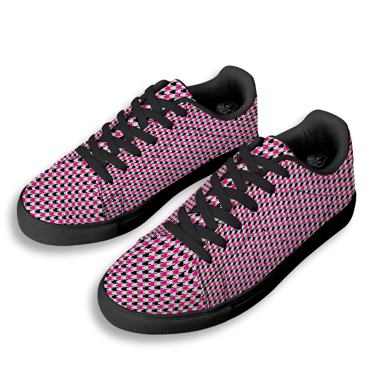 Pink Blac And White Houndstooth Print Black Low Top Sneakers-grizzshop