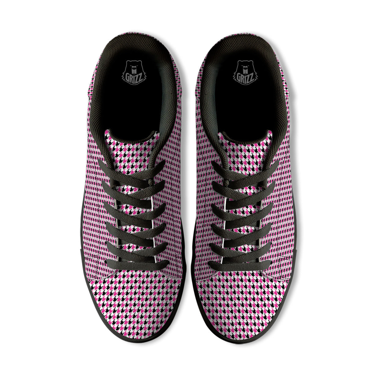 Pink Blac And White Houndstooth Print Black Low Top Sneakers-grizzshop