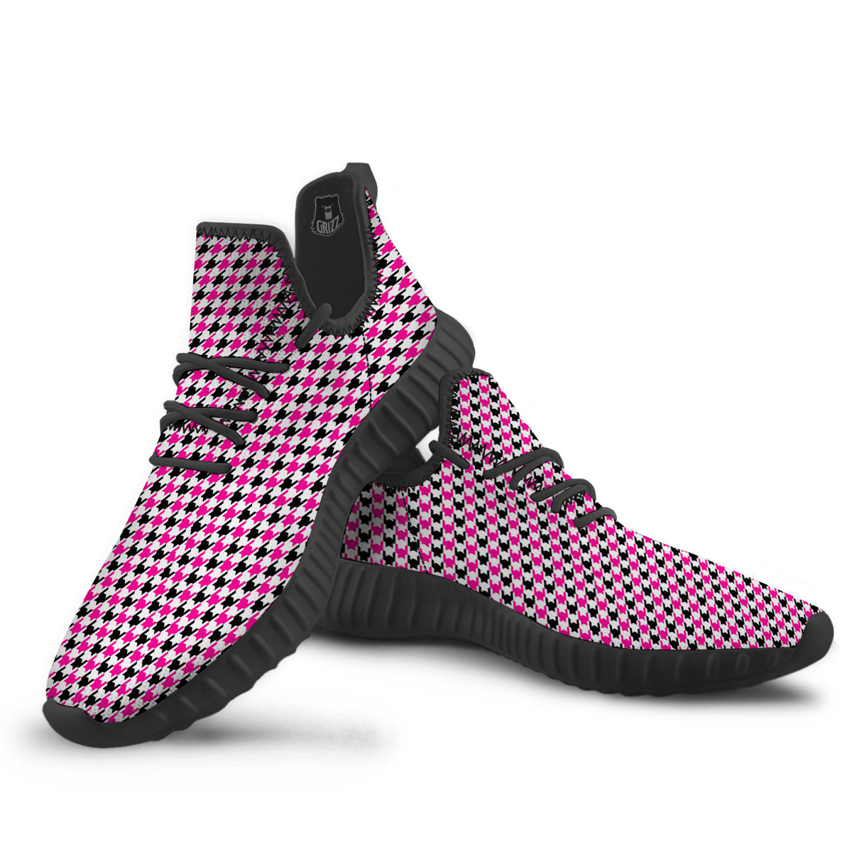 Pink Blac And White Houndstooth Print Black Walking Shoes-grizzshop