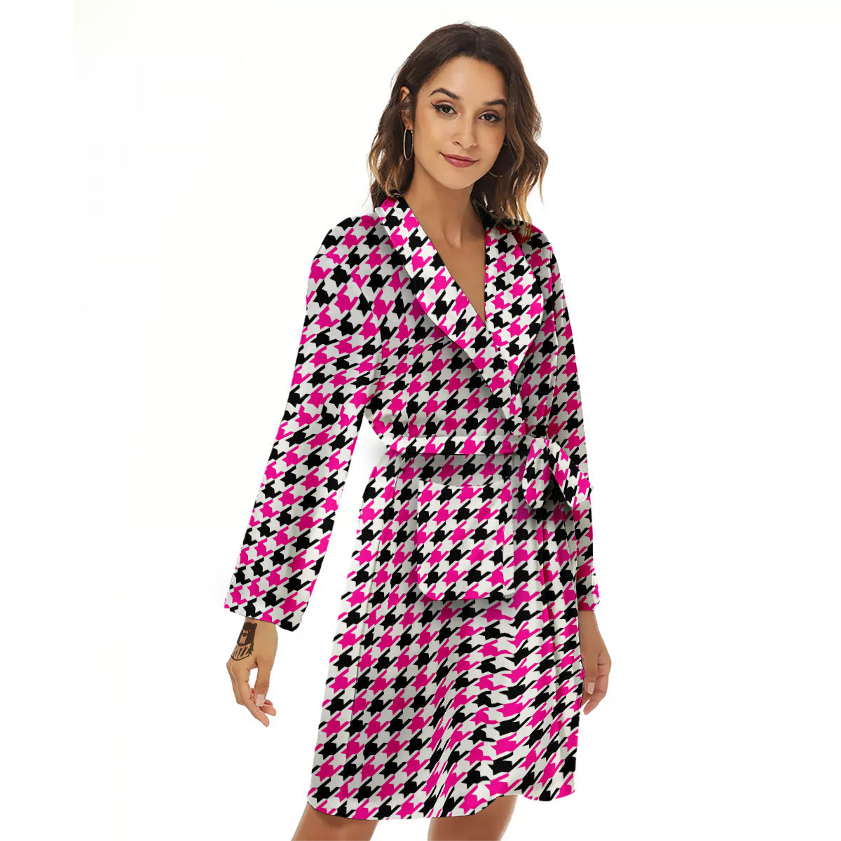 Pink Blac And White Houndstooth Print Women's Robe-grizzshop