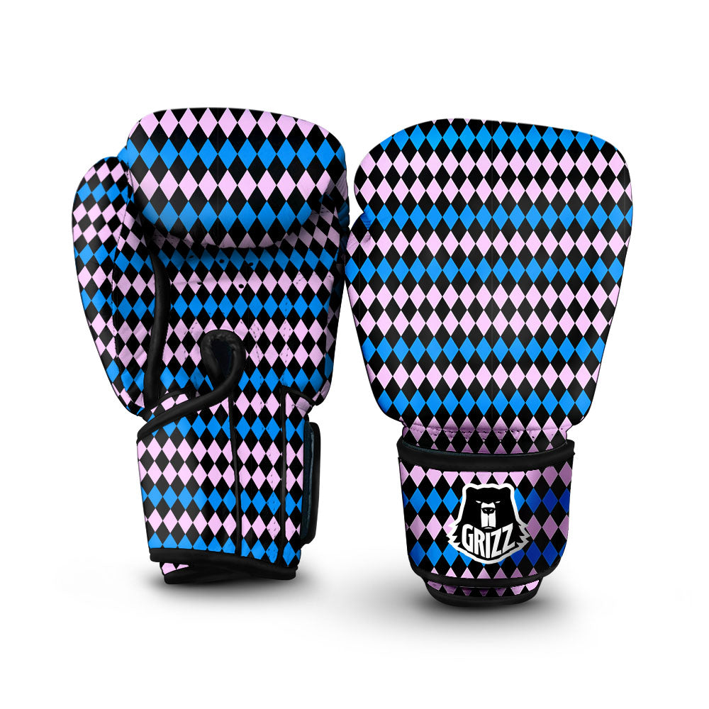 Pink Black And Blue Argyle Print Pattern Boxing Gloves-grizzshop