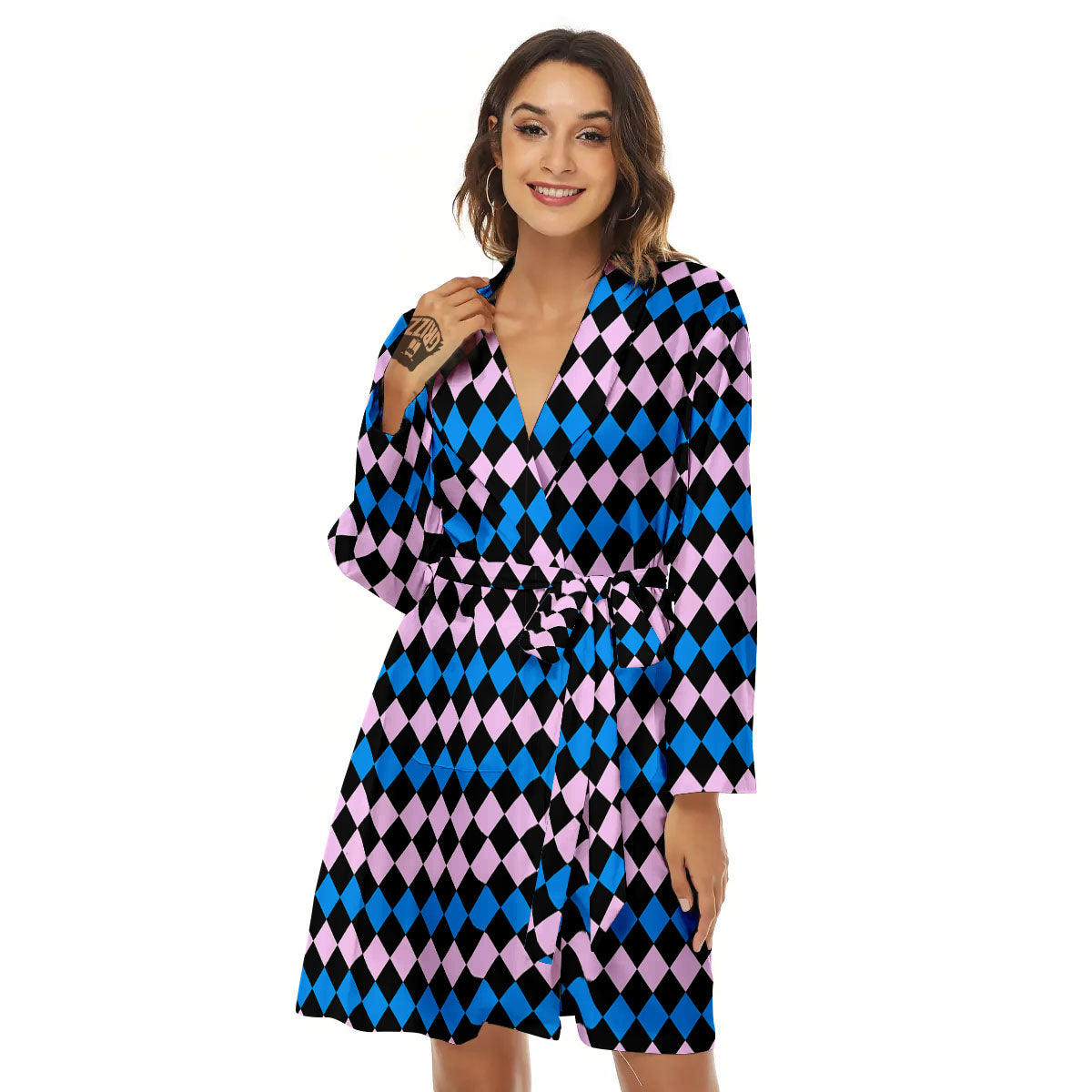 Pink Black And Blue Argyle Print Pattern Women's Robe-grizzshop