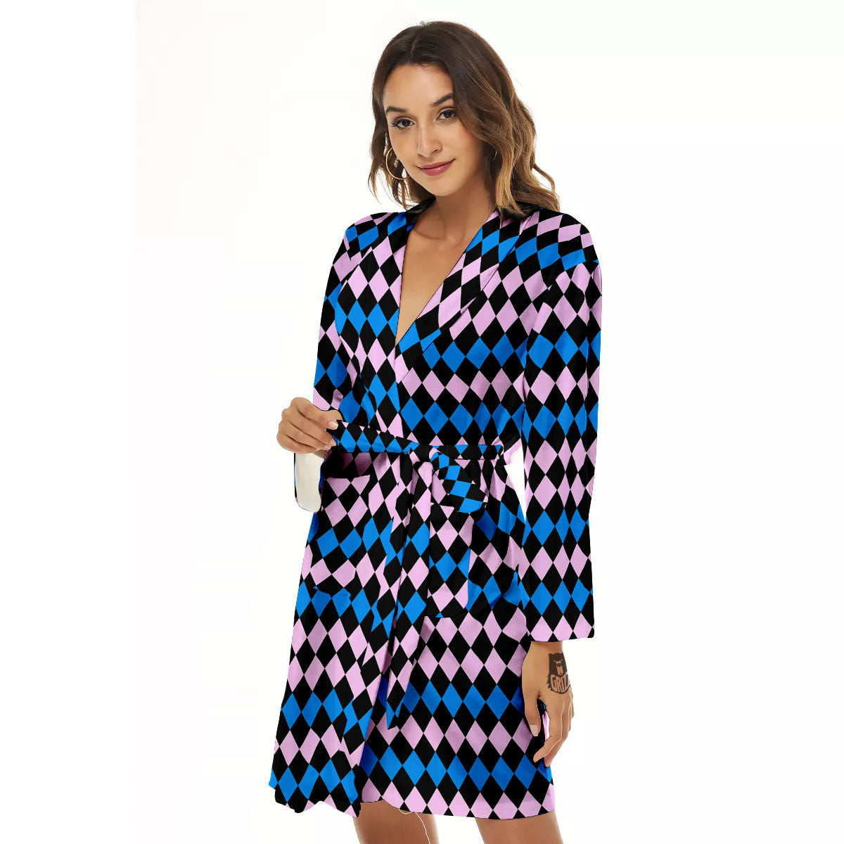 Pink Black And Blue Argyle Print Pattern Women's Robe-grizzshop