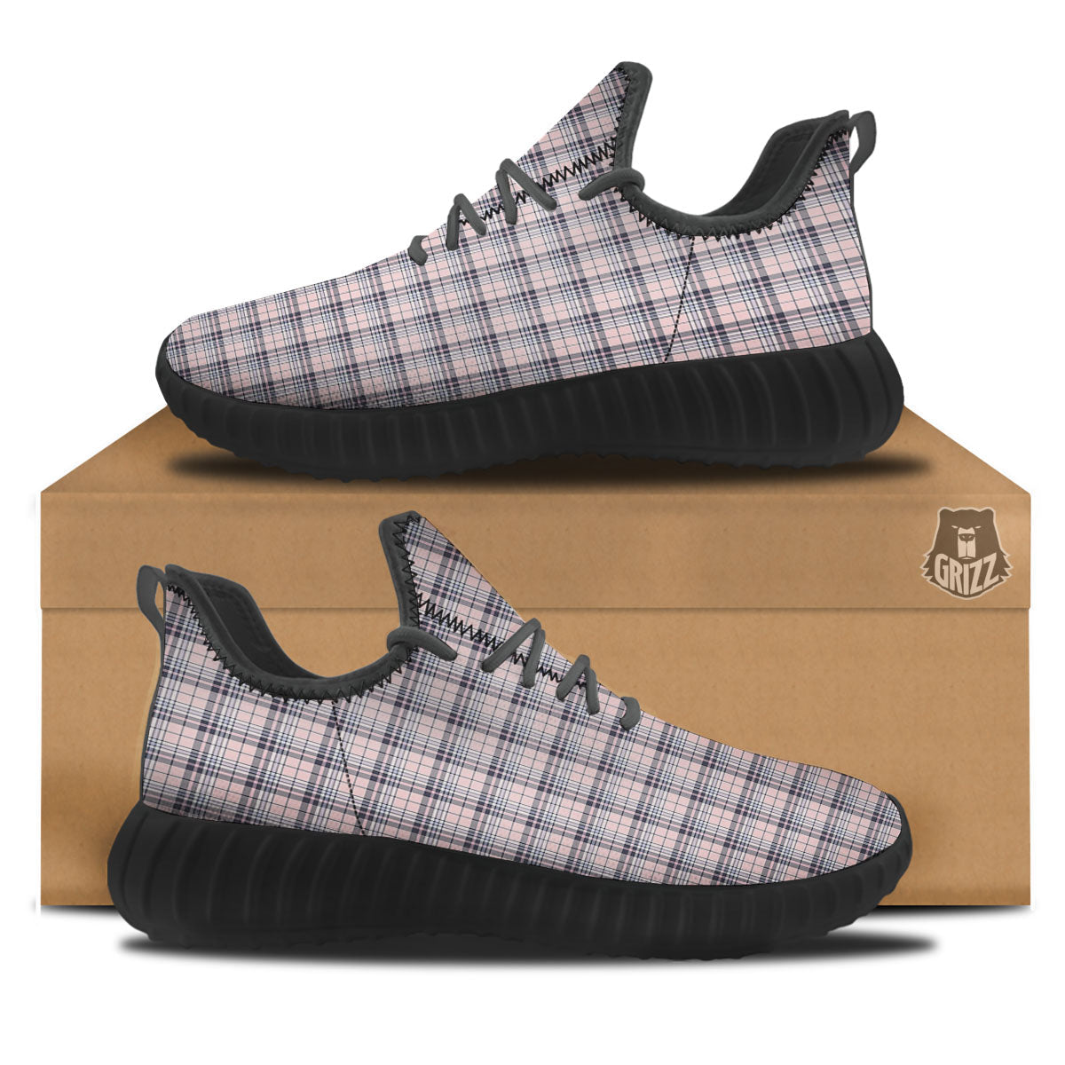 Pink Black And Blue Tartan Print Pattern Black Walking Shoes-grizzshop