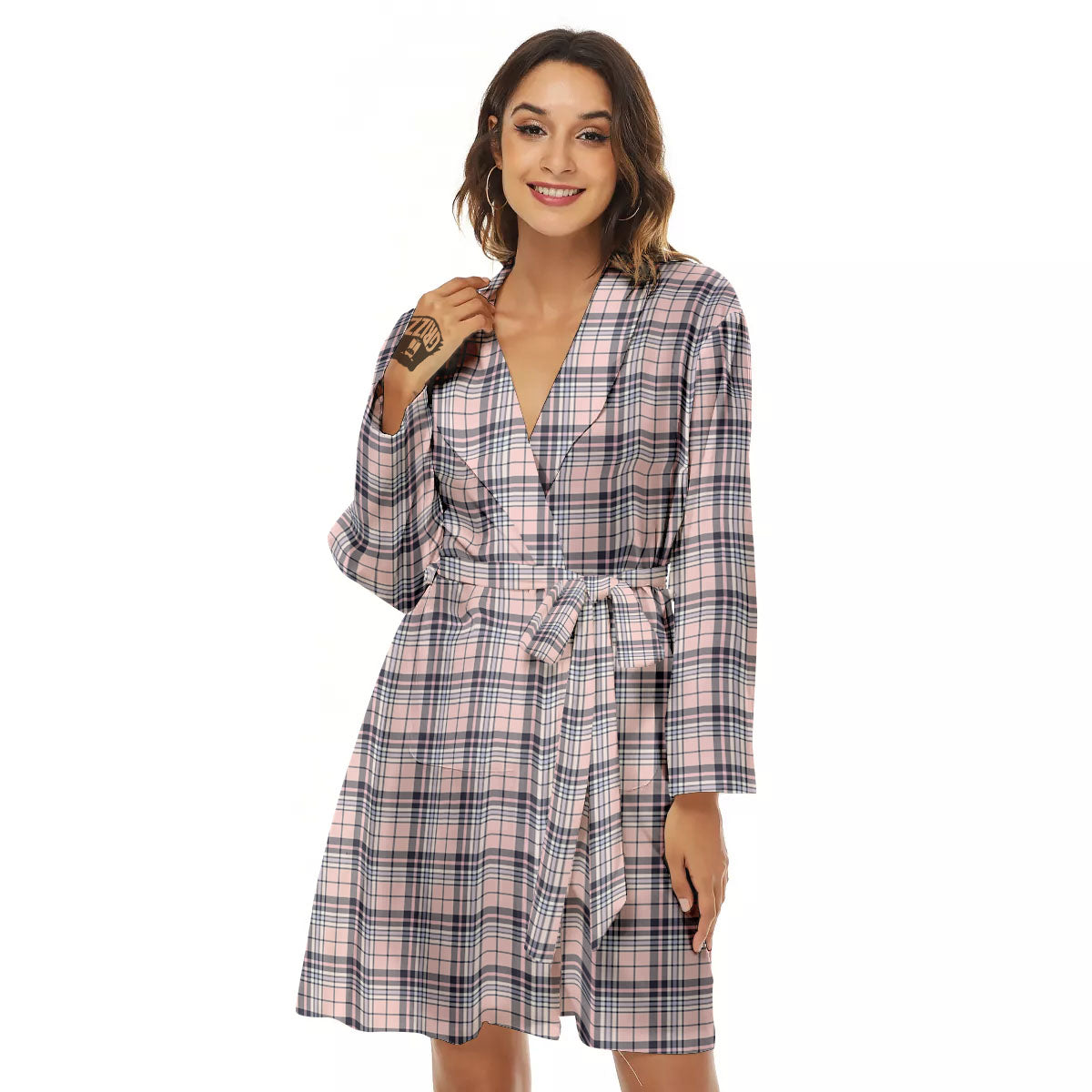 Pink Black And Blue Tartan Print Pattern Women's Robe-grizzshop