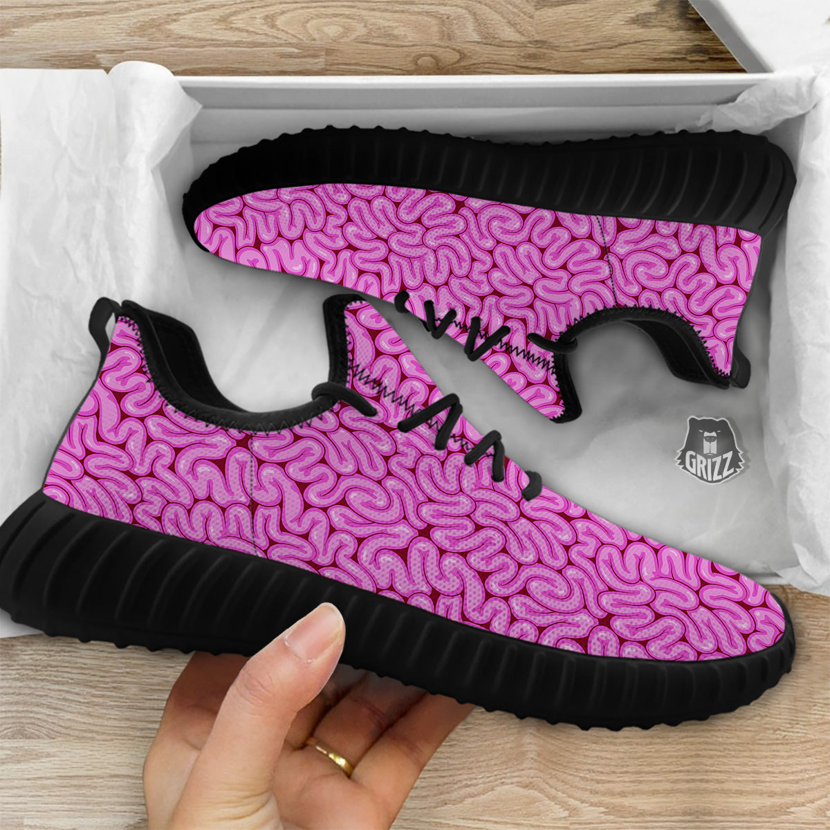 Pink Brains Cartoon Print Pattern Black Walking Shoes-grizzshop