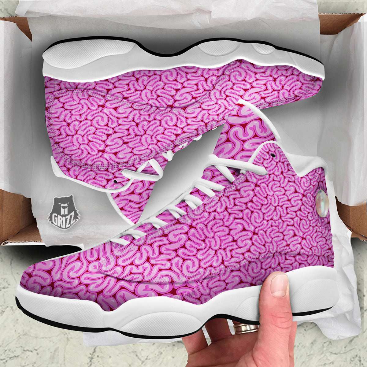 Pink Brains Cartoon Print Pattern White Basketball Shoes-grizzshop