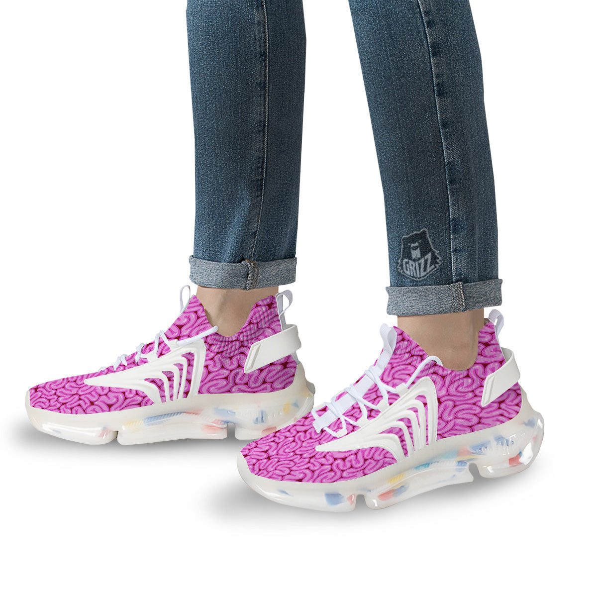 Pink Brains Cartoon Print Pattern White Gym Shoes-grizzshop