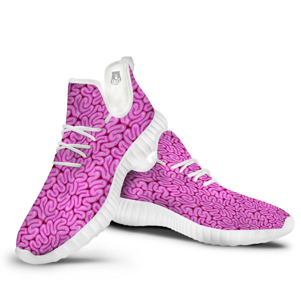 Pink Brains Cartoon Print Pattern White Walking Shoes-grizzshop