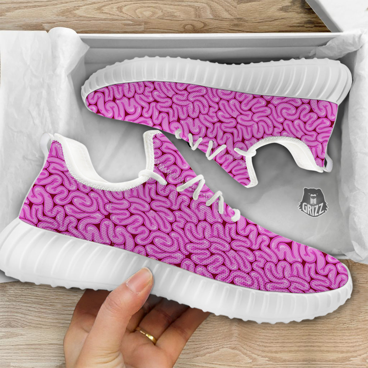 Pink Brains Cartoon Print Pattern White Walking Shoes-grizzshop