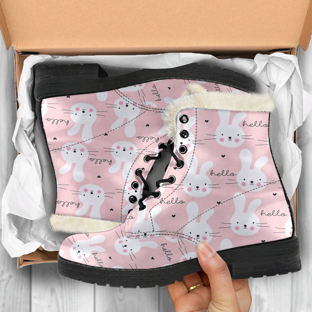 Pink Bunny Rabbit Pattern Print Comfy Winter Boots-grizzshop