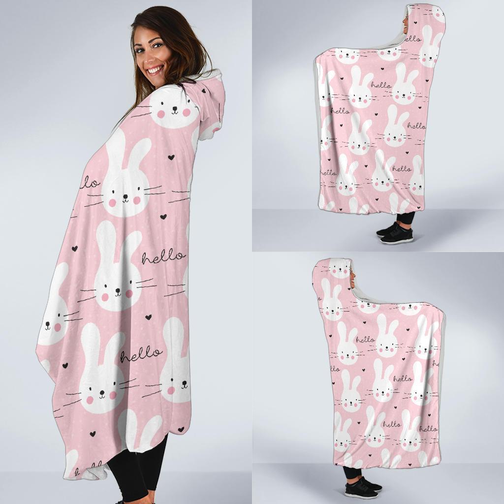 Pink Bunny Rabbit Pattern Print Hooded Blanket-grizzshop