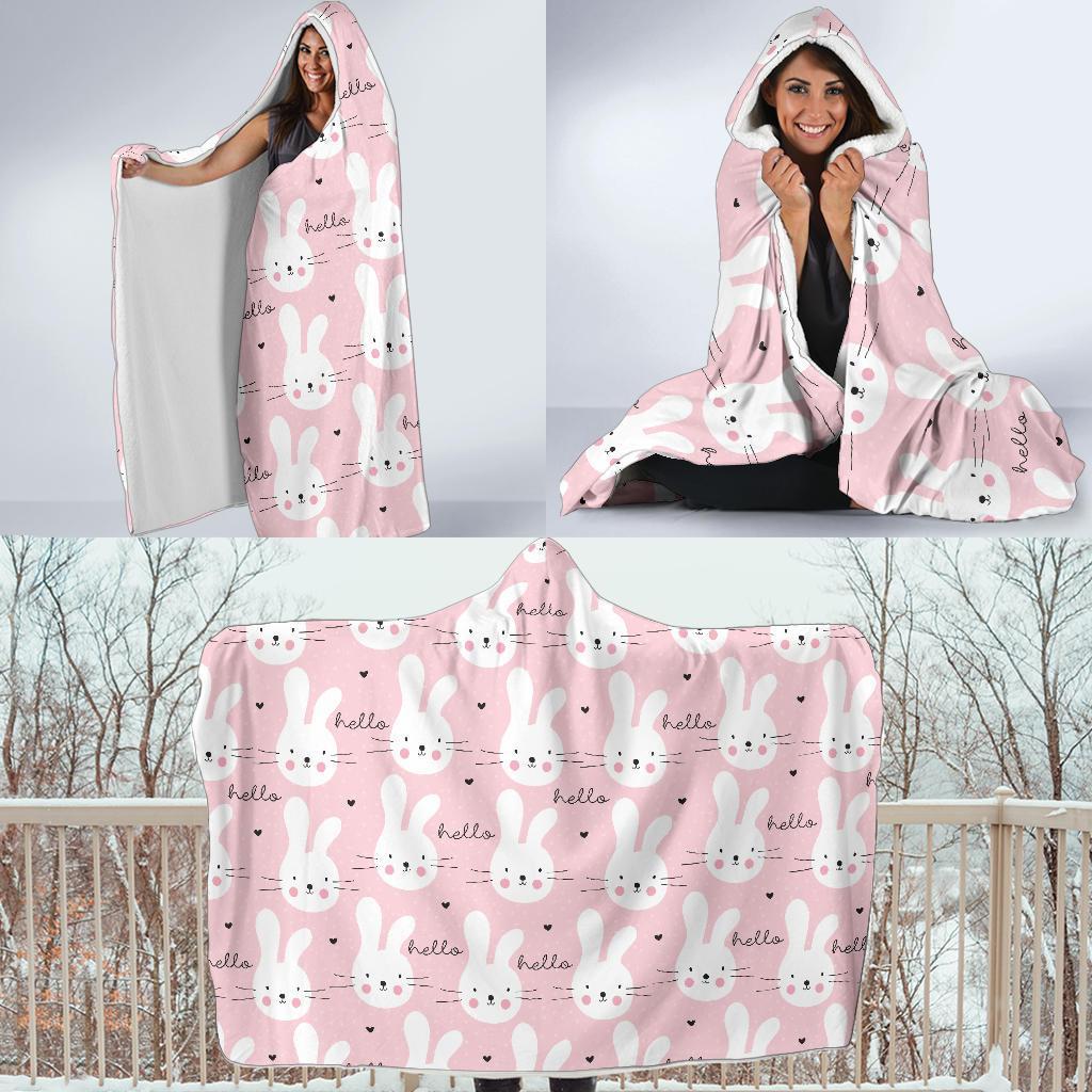 Pink Bunny Rabbit Pattern Print Hooded Blanket-grizzshop