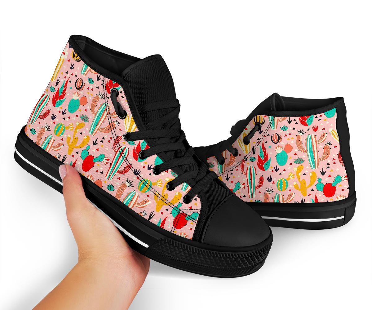Pink Cactus Pattern Print Men Women's High Top Shoes-grizzshop
