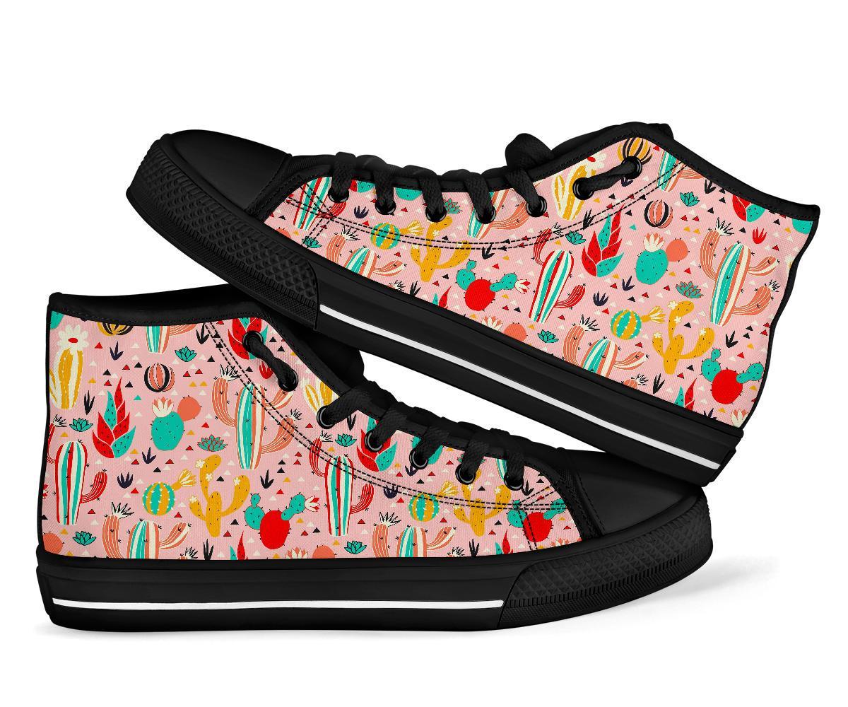 Pink Cactus Pattern Print Men Women's High Top Shoes-grizzshop