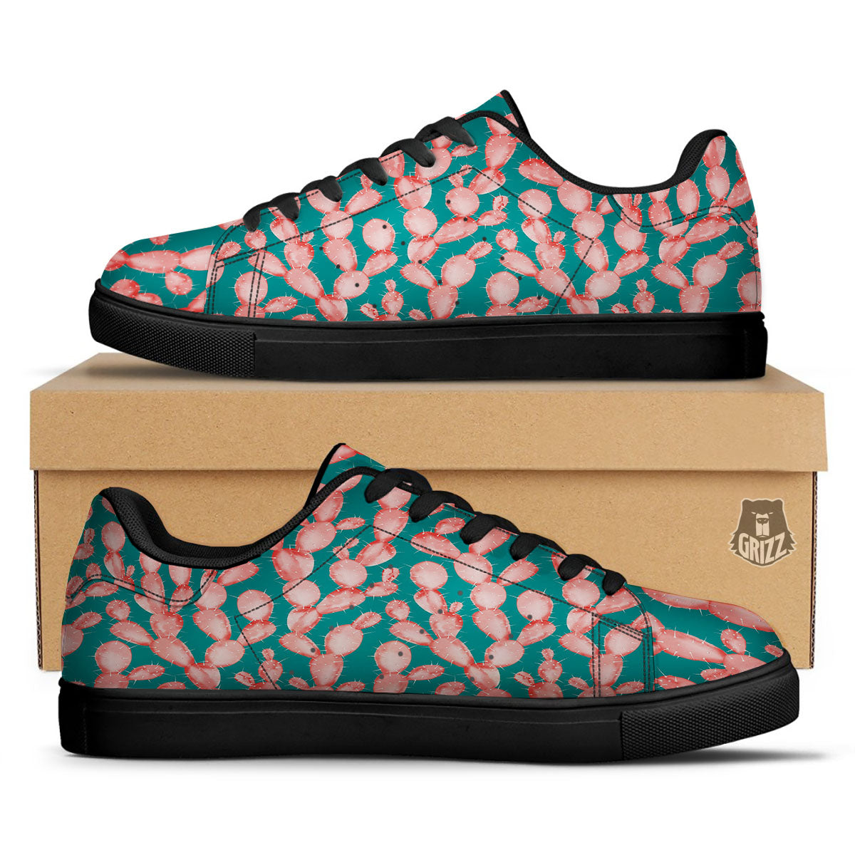 Pink Cactus Print Pattern Black Low Top Sneakers-grizzshop