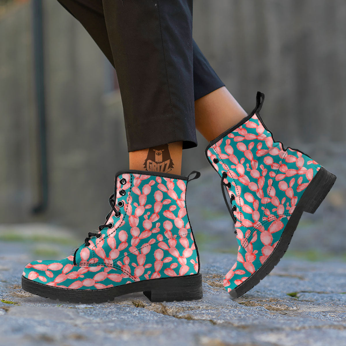 Pink Cactus Print Pattern Leather Boots-grizzshop
