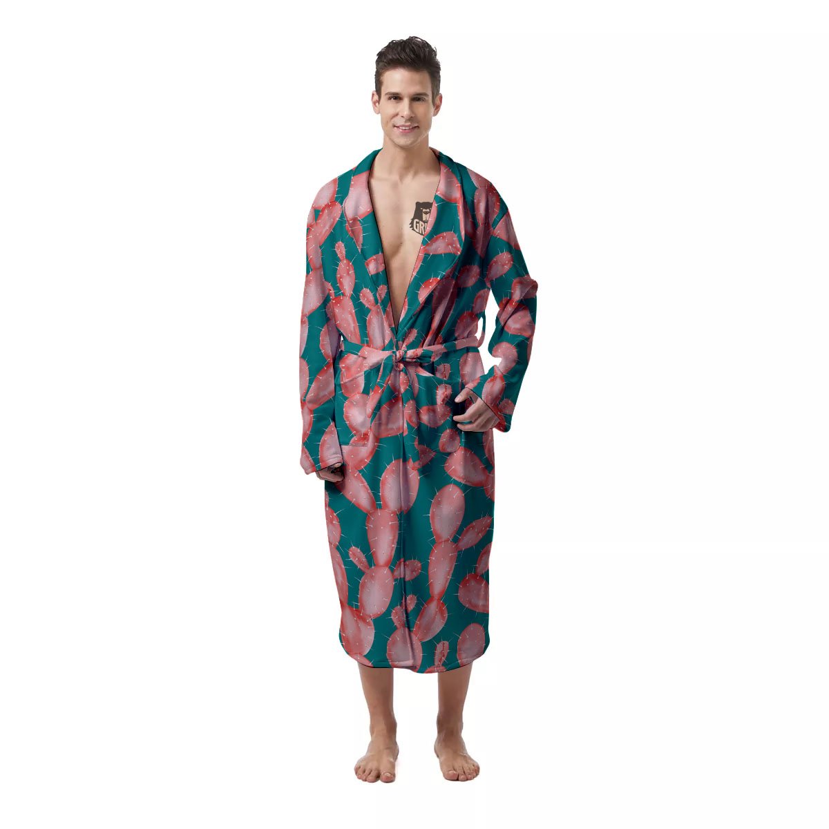 Pink Cactus Print Pattern Men's Robe-grizzshop