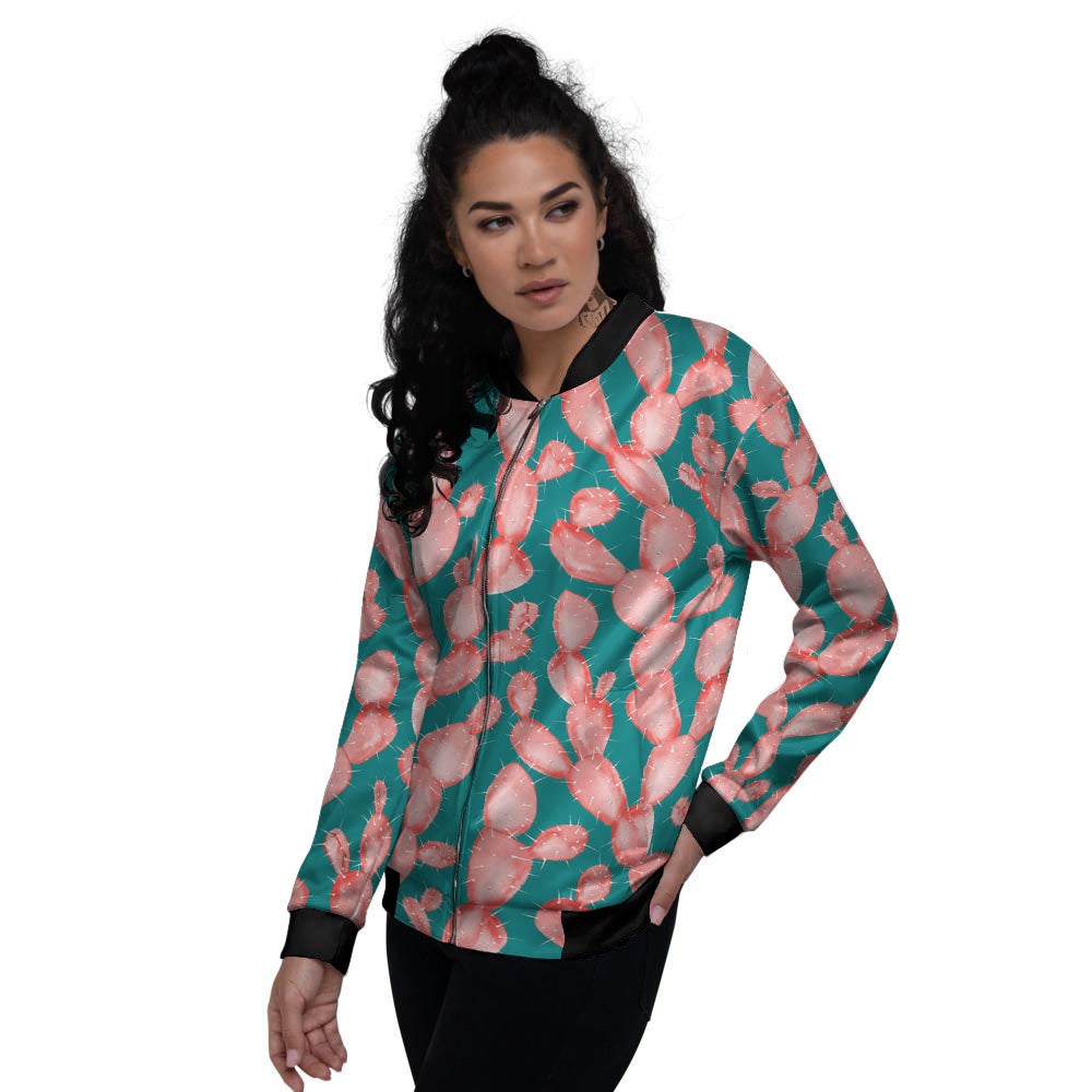 Pink Cactus Print Pattern Women's Bomber Jacket-grizzshop
