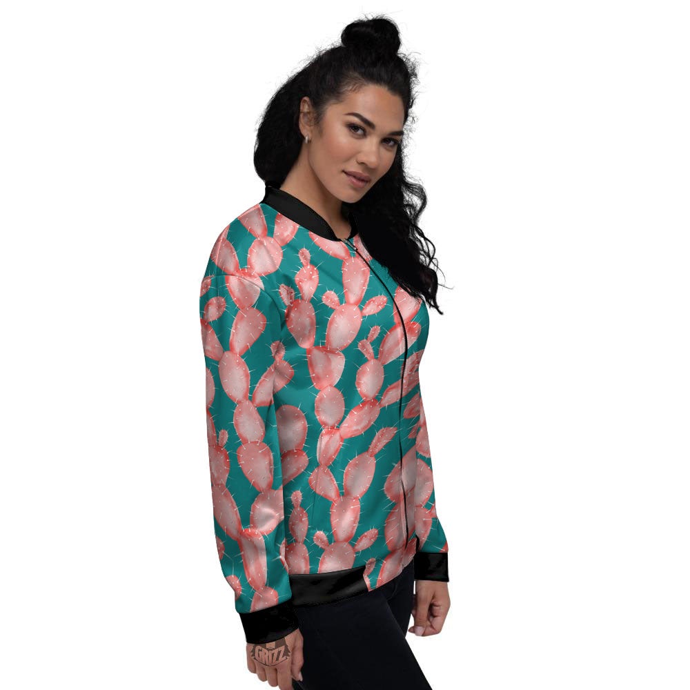 Pink Cactus Print Pattern Women's Bomber Jacket-grizzshop
