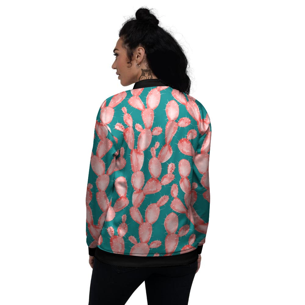 Pink Cactus Print Pattern Women's Bomber Jacket-grizzshop