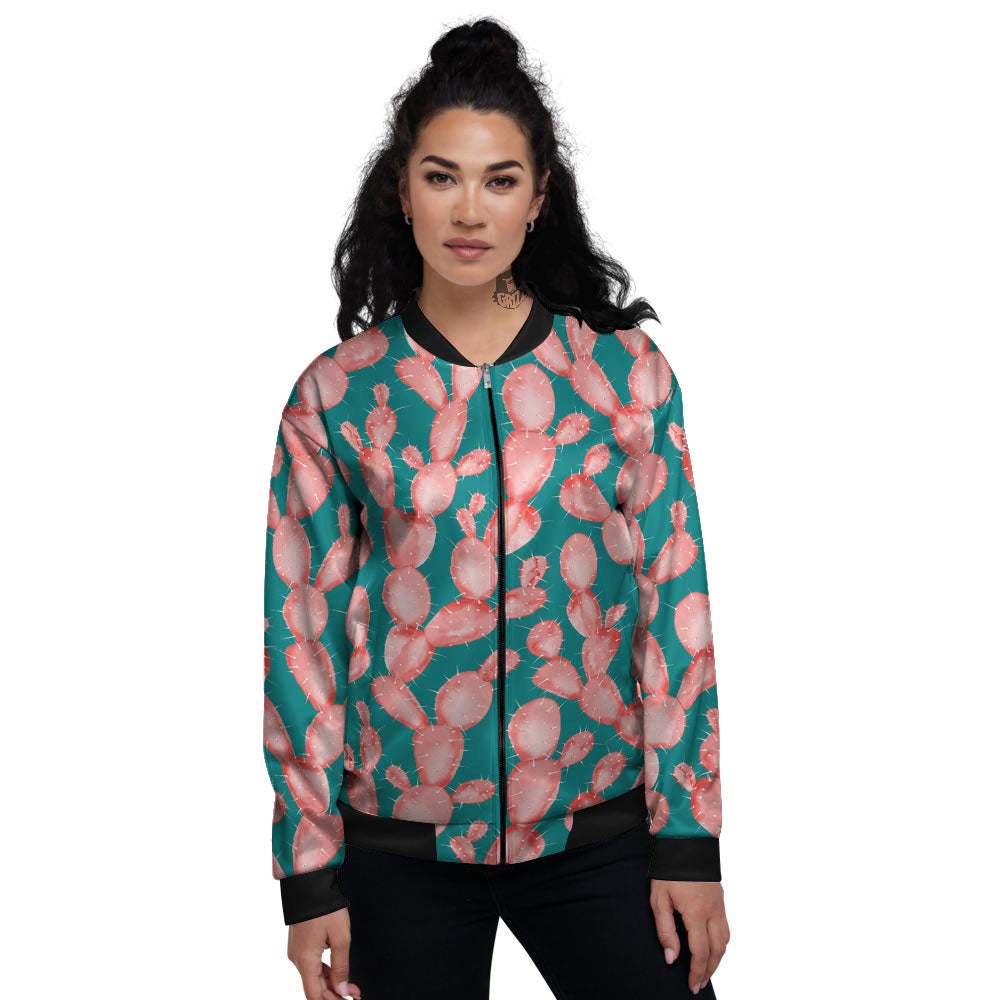 Pink Cactus Print Pattern Women's Bomber Jacket-grizzshop