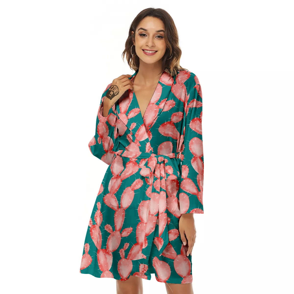 Pink Cactus Print Pattern Women's Robe-grizzshop