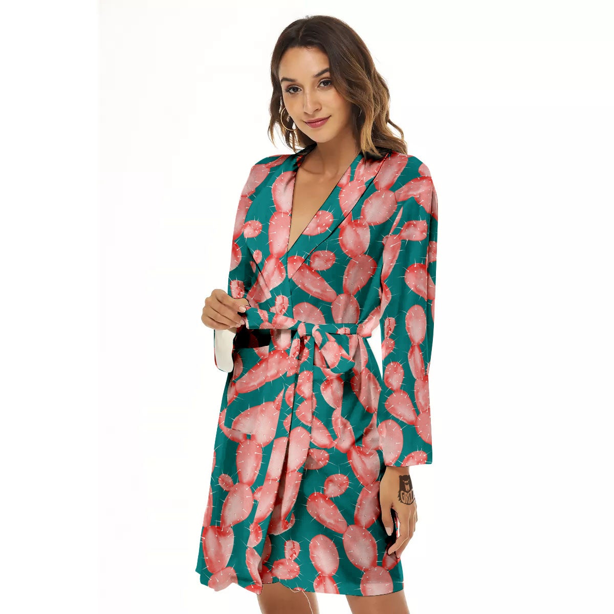 Pink Cactus Print Pattern Women's Robe-grizzshop