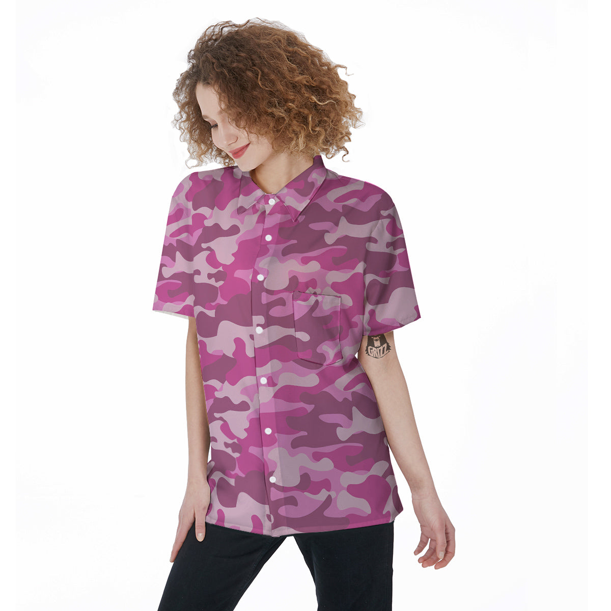 Pink Camo And Camouflage Print Women's Short Sleeve Shirts-grizzshop