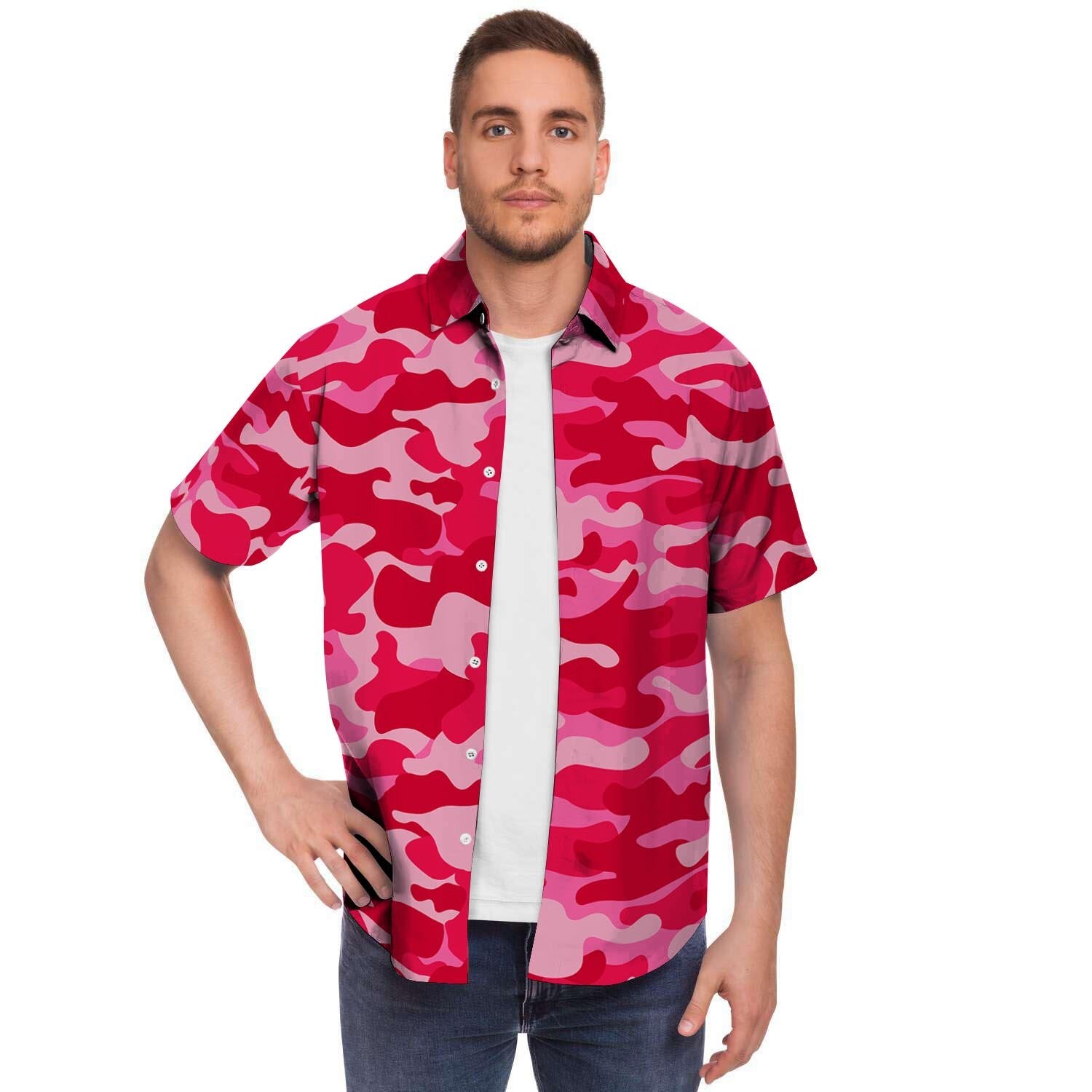 Pink Camo Print Men's Short Sleeve Shirt-grizzshop