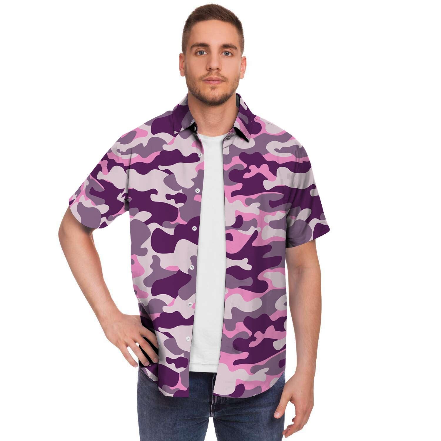 Pink Camouflage Print Men's Short Sleeve Shirt-grizzshop