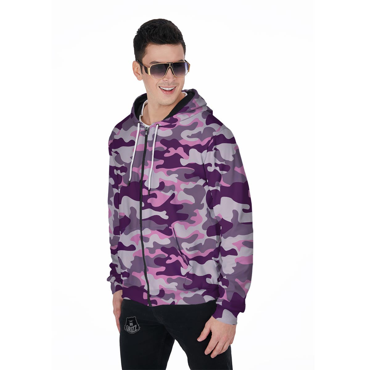 Pink Camouflage Print Men's Zip Up Hoodie-grizzshop