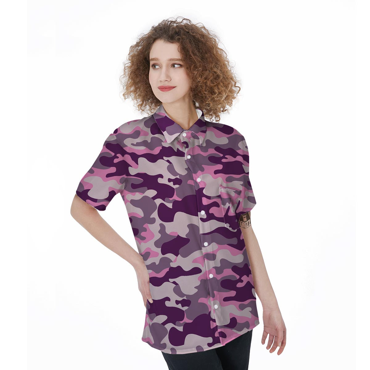 Pink Camouflage Print Women's Short Sleeve Shirts-grizzshop