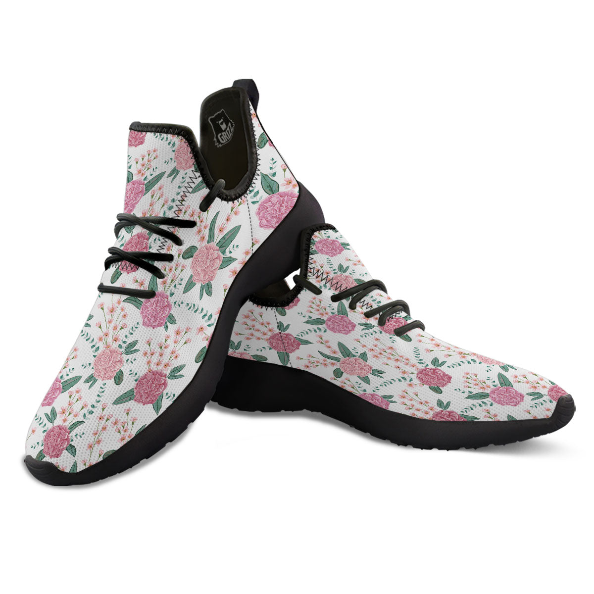 Pink Carnation White Print Pattern Black Athletic Shoes-grizzshop