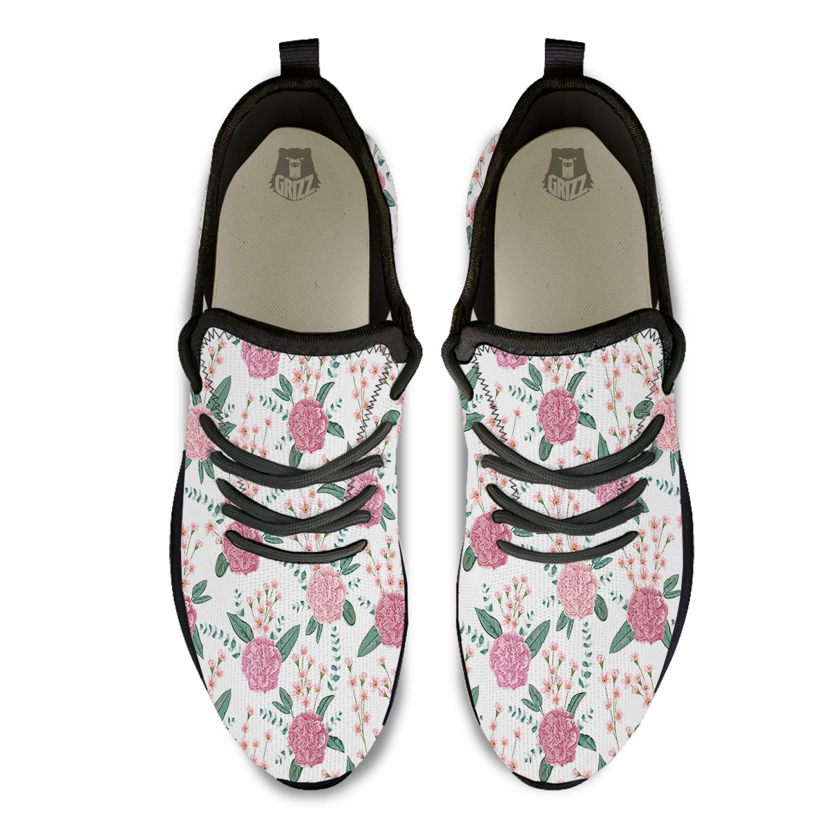 Pink Carnation White Print Pattern Black Athletic Shoes-grizzshop