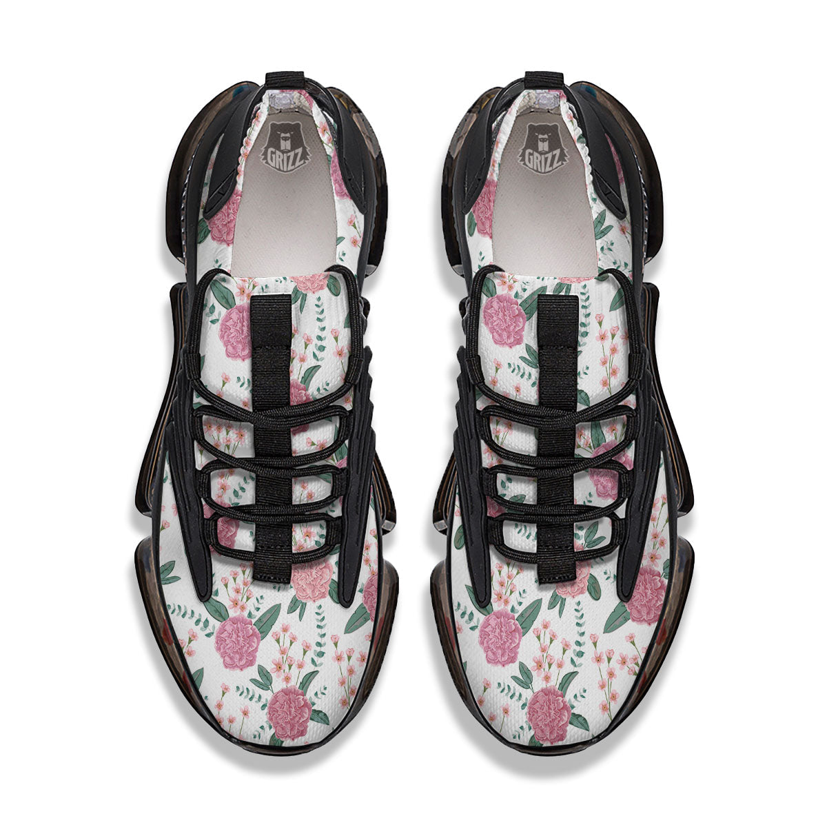 Pink Carnation White Print Pattern Black Gym Shoes-grizzshop