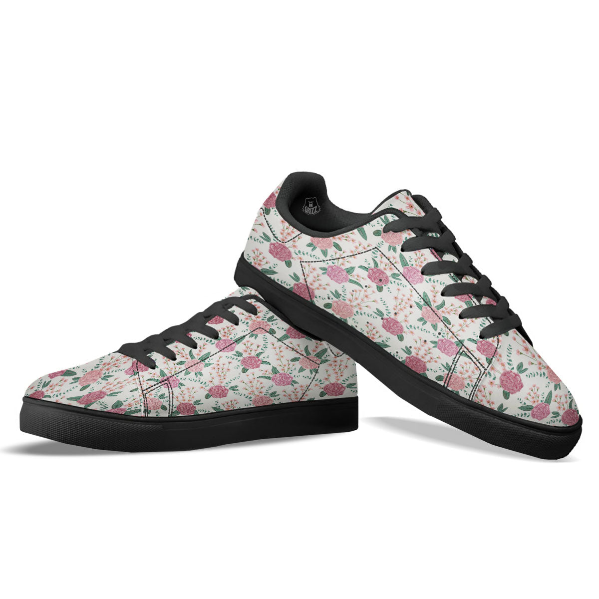 Pink Carnation White Print Pattern Black Low Top Sneakers-grizzshop
