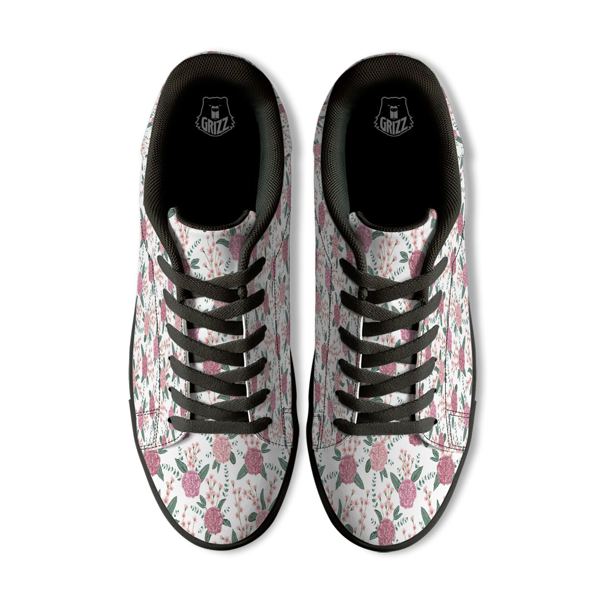 Pink Carnation White Print Pattern Black Low Top Sneakers-grizzshop