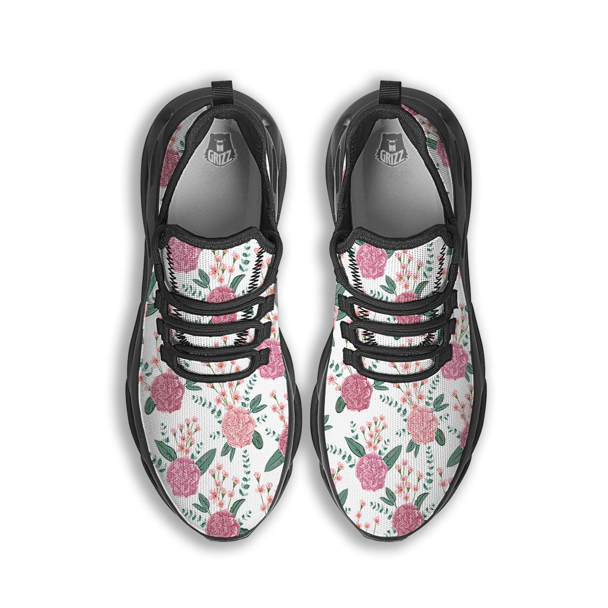 Pink Carnation White Print Pattern Black Running Shoes-grizzshop