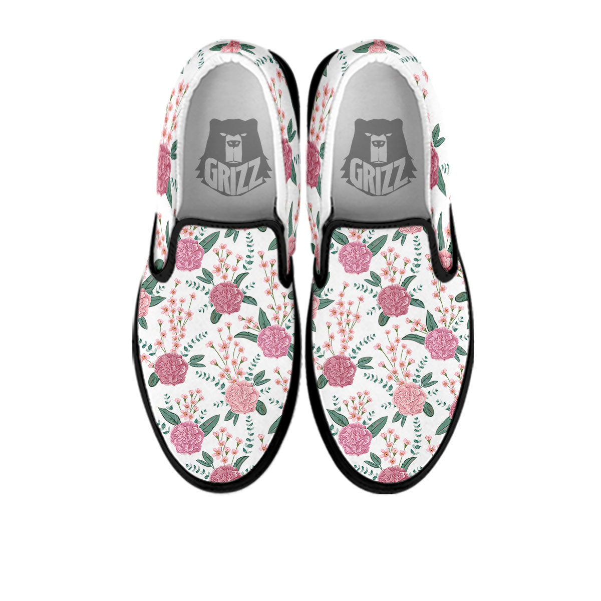 Pink Carnation White Print Pattern Black Slip On Shoes-grizzshop
