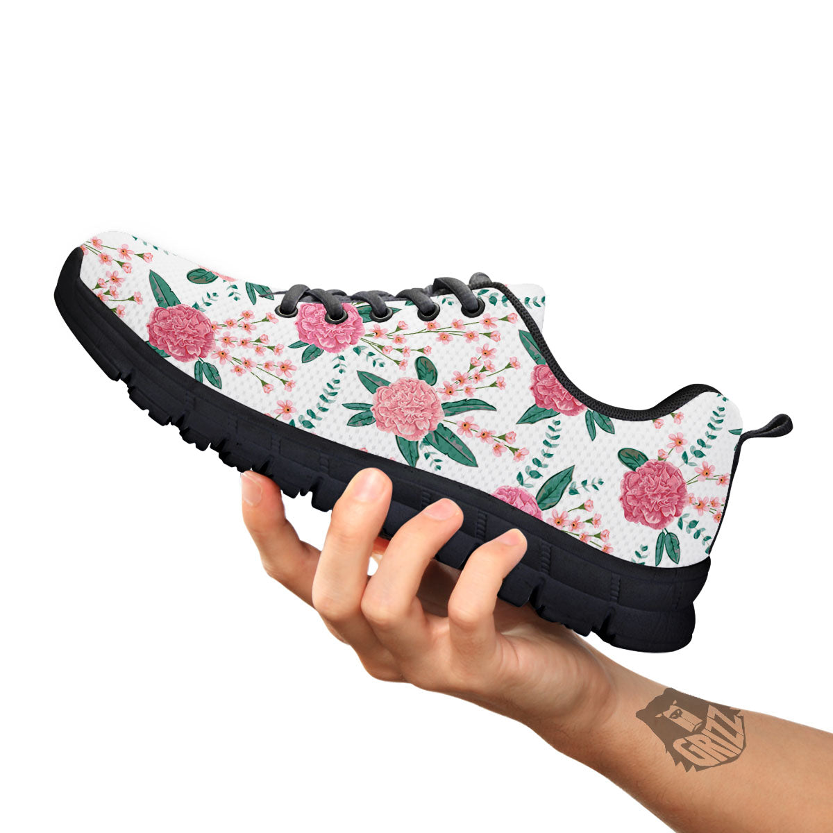 Pink Carnation White Print Pattern Black Sneaker-grizzshop