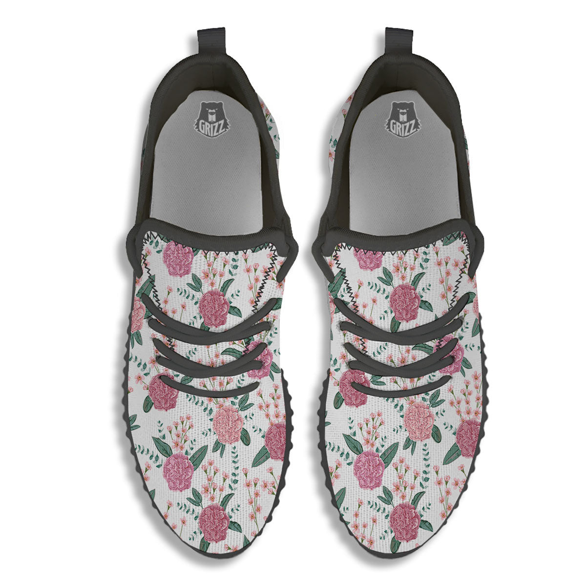 Pink Carnation White Print Pattern Black Walking Shoes-grizzshop