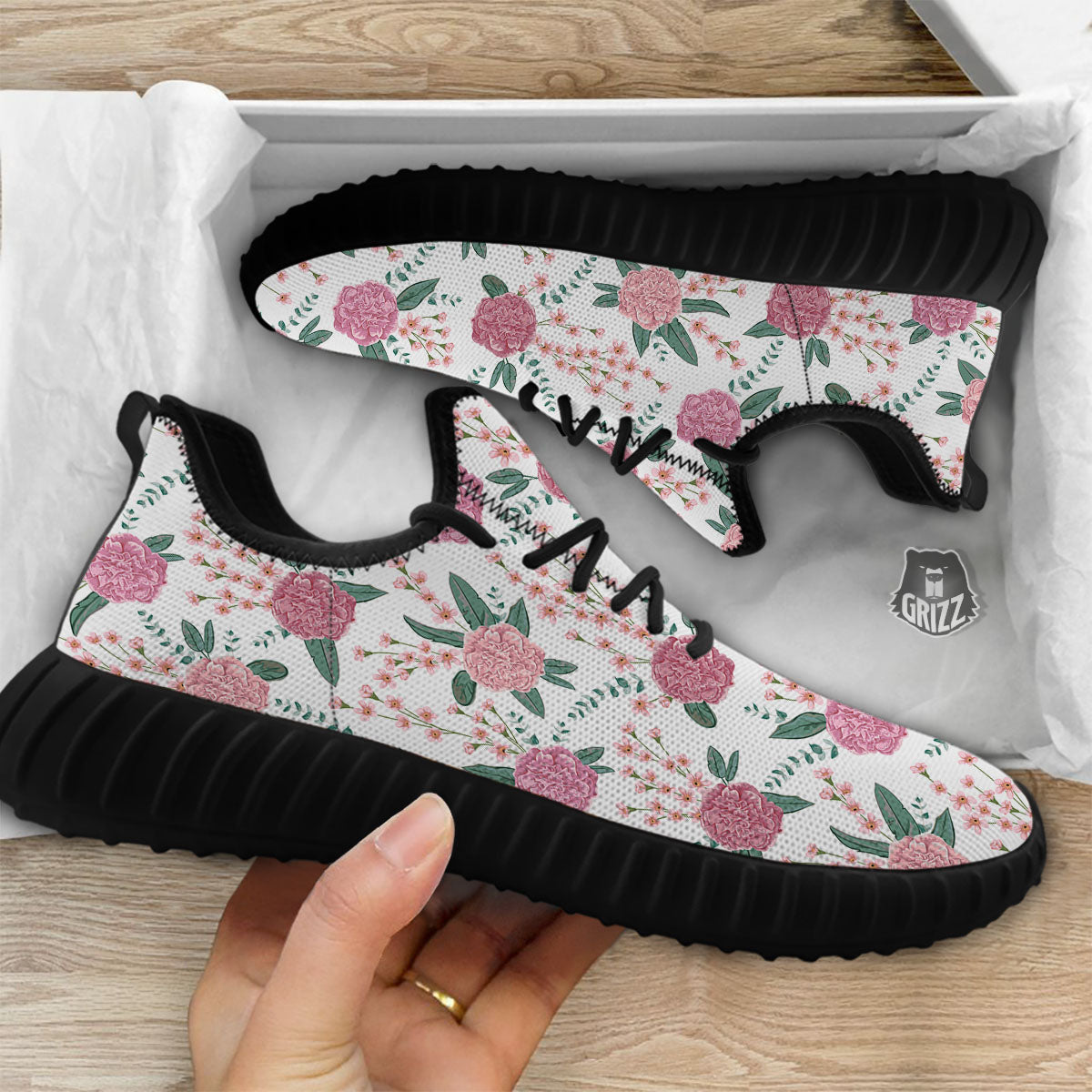 Pink Carnation White Print Pattern Black Walking Shoes-grizzshop